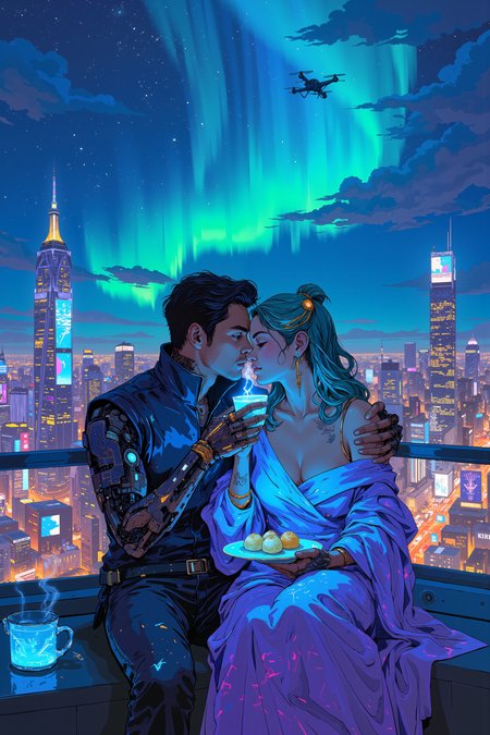On the rooftop of a sleek, glass-clad skyscraper, a couple sits wrapped in a shared holographic blanket, their silhouettes outlined by the neon glow of the city below. The woman, a half-elf with iridescent green hair and glowing circuitry tattoos, rests her head on her boyfriendâs shoulder, her golden eyes reflecting the moving billboards flashing across the skyline. He, a tall man with mocha skin and cybernetic enhancements along his arms, holds a steaming cup of neon-blue tea, the vapor forming tiny constellations before dissolving into the cool night air. A drone waiter hovers nearby, setting down a plate of floating mochi, each bite-sized piece glowing faintly with a magical aura. The sky above is a swirling mix of auroras and digital constellations, programmed to shift colors in slow, mesmerizing waves. Below, the city hums with a mix of tech and magic, where enchanted taxis and hoverboards weave through the air. A gentle wind ruffles their clothes, the scent of artificial cherry blossoms and ozone filling the air. He tilts her chin up, his cybernetic fingers warm despite their metallic sheen, and presses a kiss to her forehead as the city blurs into a dazzling backdrop of light and love. , detailed background  Fantastic lighting. Detailed shadows.intricate details, vivid colors, hyper-detailed, ultra-sharp, ,  DB4RZ, DB4RZ style painting, NeoPigma, in the style of cksc, anime, cyberpunk, a masterpiece, award winning,<lora:CPA:0.5><lora:FLUX-daubrez-DB4RZ:0.3><lora:NeoPigmaV3:0.35><lora:ck-shadow-circuit-000021:0.35>