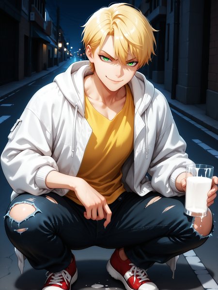 masterpiece, very aesthetic, best quality, solo, amazing quality, 25 years old, masculine, fit body, male, imtdfelixfathom, 1boy, blonde hair, short hair, green eyes, evil smile, closed mouth, looking at viewer, black pants, wide-legged pants, denim pants, ripped pants, sneakers, squatting, large jacket, hooded jacket, white jacket, yellow t-shirt, baggy clothes, elbows on knees, glass of milk in hand, holding the glass of milk at chest level, street, night, dark background
