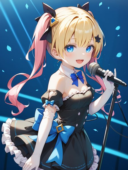 1girl, 
dynamic angle, depth of field, solo, breasts, black ribbon, long hair, detached collar, holding microphone stand, bow, looking at viewer, puffy sleeves, glove, :d, blue eyes, frilled dress, dress, open mouth, blurry, hair ornament, small breasts, black dress, ribbon, frills, puffy short sleeves, from side, blue bow, blonde hair, smile, elbow gloves, white gloves, strapless, short sleeves, bare shoulders, microphone stand, looking to the side, twintails, holding,
A young girl with long pink hair and a black dress. she is standing on a stage with a blue background and purple lights shining down on her. the girl has a big smile on her face and is holding a microphone in her right hand. she appears to be singing or dancing, as there are small white dots scattered around her head. the overall mood of the image is cheerful and energetic.
score_9, score_8_up, score_7_up, source_anime
 <lora:style019:1.0>