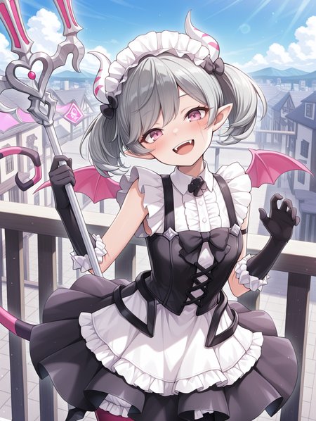 1girl, arianne the labrynth servant, solo, tail raised, smile, railing, blue sky, cloud, looking at viewer, open mouth, fangs, holding trident, trident, head tilt, pink demon wings, blush, :d, demon girl, white maid headdress, black hair bow, black bowtie, black cross-laced corset, white frilled dress, black elbow gloves, asymmetrical legwear, scar across eye, white bloomers,
masterpiece,best quality,amazing quality,very aesthetic,absurdres,newest,<lora:Arianne and  Arianna the Labrynth Servant illusXL v1.1:0.75>,