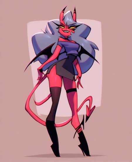score_9. score_8_up. score_7_up, <lora:darnactDORA:1> darnact, score_9, darnact, 1girl, red skin, demon wings, demon horns, demon girl, demon tail, thighhighs, long hair, colored sclera, full body, smile, single thighhigh, skirt, high heels, boots, yellow eyes, simple background