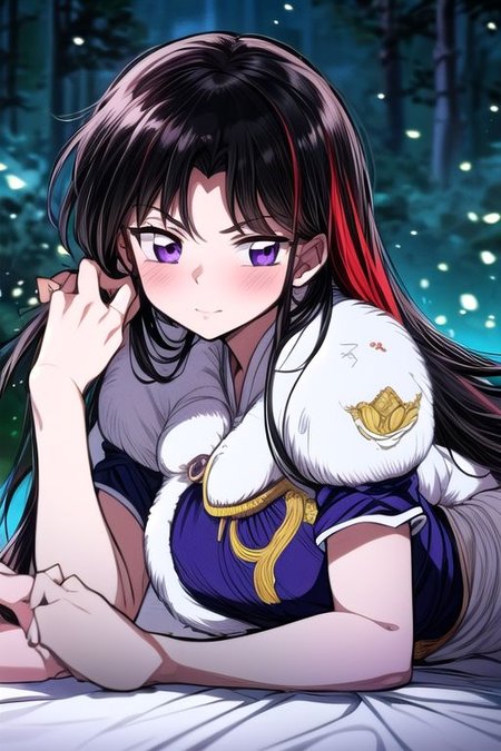 2girls, sister, masterpiece,  best quality 1girl Setsun4 solo long hair,  (night time) forest background black hair very long hair purple eyes multicolored hair armor (fur trim) (medium body),<lora:EMS-179-EMS:0.800000>,<lora:EMS-293862-EMS:0.800000> bow, hair_bow, hair_tubes, red_bow, brown_hair, long_hair, bangs, ascot, frilled_bow, yellow_ascot, blush, smile, hair_between_eyes, athletic, armor, miko, ,(((intricate outfit,intricate clothes,embroidered outfit,ornate outfit,embroidered clothes,ornate clothes))), laying down, lying down