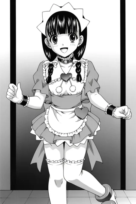 score_9, best, masterpiece, uncensored,
1girl, solo, smile, monochrome, greyscale, manga illustration,
(ApprenticeFujiwaraMahiru:1.2), maid headdress, puffy short sleeves, waitress, pom pom (clothes), hair ribbon, frilled cuffs, frilled puffy short sleeves, frilled sailor collar with hearth brooch, sash with back ribbon, pleated miniskirt with white frills, white ankle boots with pink heart, frilled white thighhighs, white frilled waist apron, black belt collar with white frills,
<lora:FamiresSenshiPuddinApprenticeFujiwaraMahiru_V3:0.8>​​​