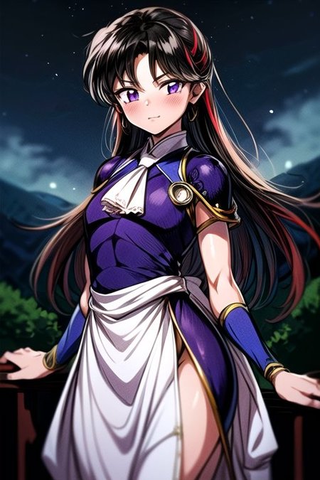 best quality 1girl Setsun4 solo long hair,  (night time) forest background black hair very long hair purple eyes multicolored hair armor, small, (fur trim) (medium body),<lora:EMS-179-EMS:0.800000>,<lora:EMS-293862-EMS:0.800000> bow, hair_bow, hair_tubes, red_bow, brown_hair, long_hair, bangs, ascot, frilled_bow, yellow_ascot, blush, smile, hair_between_eyes, athletic, armor, miko, ,(((intricate outfit,intricate clothes,embroidered outfit,ornate outfit,embroidered clothes,ornate clothes)))