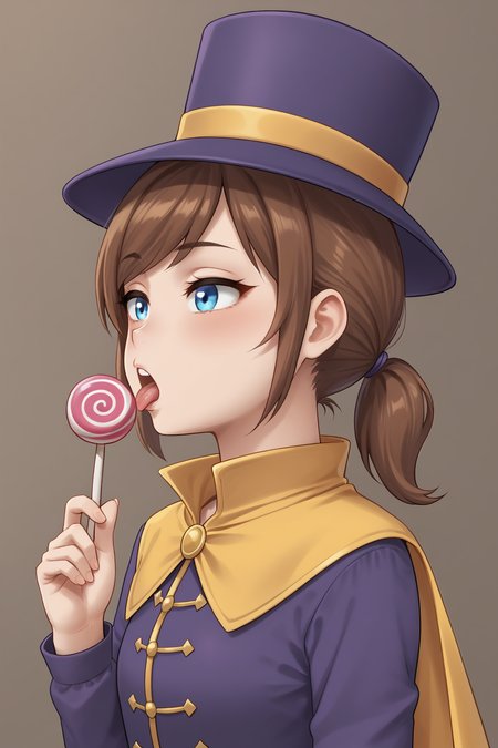 zPDXLpg, 1girl, solo, half-closed eyes, blush, tongue out, licking lollipop using tongue, seductive, upper body, focus face, young, from side,
 <lora:Hat_Kid:0.5> brown hair, short ponytail, swept bangs, long sideburns, blue eyes, purple top hat with gold line, yellow cape,, <lora:hand 4:1> Hand, five fingers,,