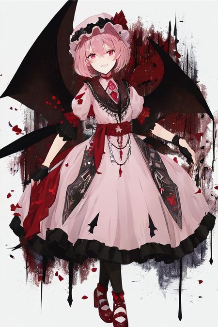 embroidery, jewelery, gown, frills, gloves/elbow gloves, high heels/shoes, pantyhose/thighhighs, remilia_scarlet_(koumajou_densetsu), solo, 1girl, smile, short_hair, shirt, red_eyes, bow, blush, hat, ribbon, dress, hair_ornament, frills, blue_hair, jewelry, puffy_sleeves, short_sleeves, red_bow, wings, mob_cap, nail_polish, pink_eyes, flower, ascot, pantyhose, sidelocks, detached_sleeves, hat_ribbon, shoes, pointy_ears, grin, wrist_cuffs, bat_wings, sword, fingernails, white_headwear, black_pantyhose, high_heels, hat_bow, collar, fang, sash, black_gloves, choker, petals, white_dress, fingerless_gloves, polearm, lips, hair_flower, expressionless, frilled_sleeves, hat_flower, brooch, pink_dress, red_sash, armband, sharp_fingernails, frilled_dress, collared_dress, coat, wing_collar, red_footwear, spear_the_gungnir, long_fingernails, light_purple_hair, eyelashes, bridal_gauntlets, cross, clenched_teeth