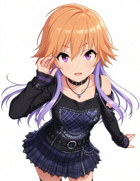 masterpiece,best quality,absurdres,official art,official style,source_anime,anime screencap,anime coloring,
<lora:Hyper-SDXL-8steps-lora:1>,
<lora:Asuka_IL:0.9>,asukachang,1girl, solo,light brown hair, long hair, multicolored hair, purple hair, two-tone hair,purple eyes, 
black shirt, purple skirt,black skirt,safety pin,shoulder cutout, bare shoulders, off shoulder,  collar, jewelry, smile, necklace, choker,  long sleeves, collarbone,miniskirt,  plaid skirt, sleeves past wrists,  hand up,  pleated skirt, thighhighs, bracelet, belt, open mouth, from above,white background,transparent background,looking at viewer,cowboy shot,