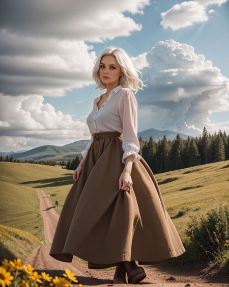 (Long shot:1.4), (Sn0frid_v1, white hair:1.3),  medium bosom, (style of Dorothea Lange) rugged frontier homestead woman, 1800s Montana, linen blouse, long skirt, apron, practical sturdy boots, earthy tones, natural fibers, rustic charm, sepia-toned aesthetic, arid golden prairie, wooden cabin, wildflowers, cracked soil, farm tools, weathered textures, sun-dappled lighting, determined expression, confident pose, wind-tousled hair, (dramatic clouds:1.2), vast open landscape, vintage authenticity, pioneering spirit ,