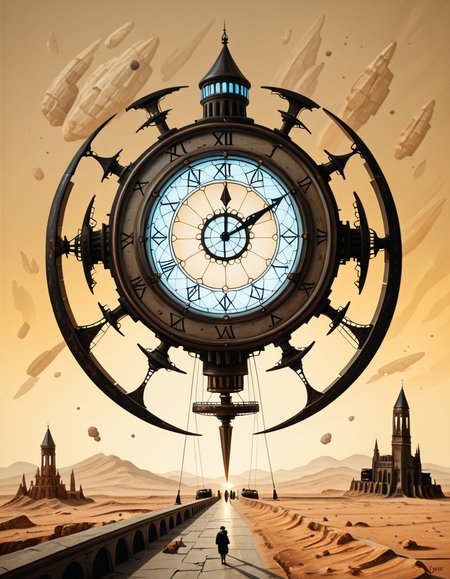 A surreal, dreamlike painting in the style of JarosÅaw Jasnikowski, depicting a gigantic mechanical insect-like cathedral walking across a cracked desert landscape. The cathedral is mounted on insect legs made of bronze and copper, with gears and steam vents along each joint. The architecture is gothic, with tall spires, stained glass windows glowing from within, and massive rotating clock faces embedded in its towers. In the background, a distorted horizon under a greenish-yellow sky, with floating islands and broken bridges suspended mid-air. A small group of cloaked figures watches the walking structure from the foreground, their long shadows cast across the dry, dusty ground. The entire scene is bathed in a surreal light, blending soft golds and dark shadows, giving it a mystical and post-apocalyptic atmosphere. Details are rich with fine mechanical engravings, absurd physics, and metaphysical symbolism, echoing Jasnikowskiâs signature surrealism and imaginative science-fiction fantasy.<lora:SDXLFaeTastic2400:0.4> <lora:extremely_detailed:0.4> extremely detailed, <lora:JarosÅaw_J4sn1k0wsk1_r1:1>,JarosÅaw J4sn1k0wsk1 <lora:JarosÅaw_J4sn1k0wsk1:1>, Masterpiece,best quality,hi res,8k,hi res,8k,award winning,(sharp focus, intricate, highly detailed),