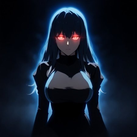 score_9, score_8_up, score_7_up, source_anime, expressive, anime, C0NTR4CT0R, speedlines, dynamic, 1girl, face_hidden, shadows, contrast, (long Hair:1.3), revealing clothing, body silhouette, shadows, large breasts, red_pupils, glowing, glowing eyes, BL4CK3STBL4CK, black_theme, matte_color, flat_color