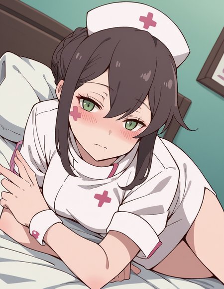 score_9, score_8_up, score_7_up, source_anime, <lora:v-lila-f-hnu-ponyxl-lora-nochekaiser:1>, v lila f, brown hair, black hair, green eyes, braid, sidelocks, hair bun, makeup, facial mark, single hair bun, hair between eyes,, hat, nurse cap, nurse, short sleeves,, indoors, bed, bed room, on side, blush, drunk, looking at viewer, solo,, cowboy shot, dutch angle