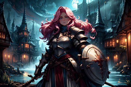 <lora:FantasySettlement:1> fanse, fantasy medieval city, lake, dark, magical,  <lora:Fantasy_Classes_SD:1> fantasy class, paladin, plate mail, metal armor, holy aura, pauldrons, gauntlets, shield, looking at viewer, seductive, best quality, masterpiece, <lora:more_details:0.7>, 1girl, solo, pink hair, long hair, grey eyes