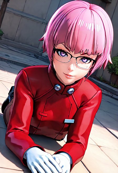 <lora:sdxl_lightning_8step_lora:1> <lora:Fixhands_anime_bdsqlsz_V1:1>score_9, score_8_up, score_7_up, source_anime, intricate details, perfect anatomy BREAK
1girl, solo, gis-esakipurin, pink hair, short hair, purple eyes, black-framed eyewear, red coat, white gloves, gis-esakipurin outfit, brown pantyhose, black boots,
dutch angle, on stomach, Confident, Eyes that meet the viewer directly, a slight smile, and a relaxed posture., outdoors, 
<lora:gis-esakipurin_XL(pony)fix:0.9>