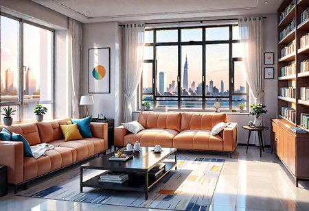 ((front view)), Shallow scene, ((animation style)), modern-style interior, with white walls, (large windows), a  study, Sofa, coffee table, bookcase, single wall, 
warm light morning sun, (City high-rise building scenery)