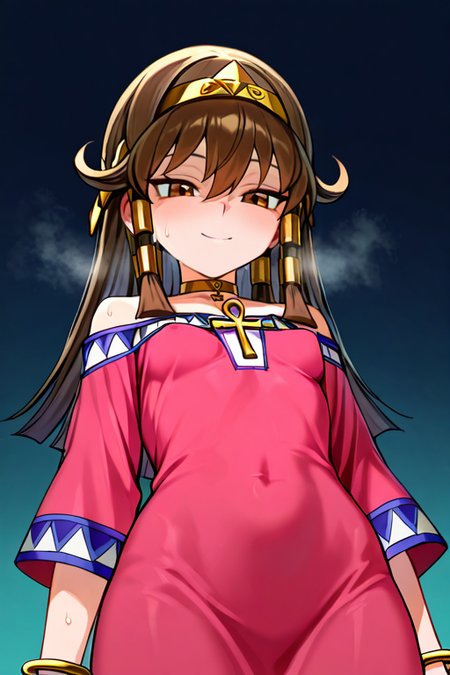 masterpiece, High quality, Ultra detailed, 2d, newest, absurdres, highres, BREAK
1girl, solo, egyptian, <lora:sera:0.8>, sera_(yu-gi-oh!), long hair, brown hair, sidelocks, hairband, hair tubes, jewelry, hair between eyes, brown eyes, choker,
small breasts, seradef, off-shoulder dress, dress, ankh, bracelet, 
from below, smile, narrowed eyes, sweat, steam,