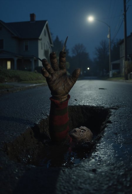 (Top realism), (Best quality), Hyper detailed photography, perfectly focused, maximum sharpness, captures the maximum realism of a sewer on a sinister road, with houses on the sides, (half the body of "Freddy Krueger" of Elm Street protrudes from the sewer), intricate details in his terrifying glove of knives, nightmare atmosphere on a perfectly lit night, cinematic style,  UHD 8k.