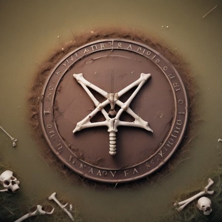 Photography.
score_9, score_8_up, score_8, score_9, masterpiece, ultra high quality, hd render, satan, satan symbols, pentagram, no humans, pentagram made of bones, bones on grass, view from above