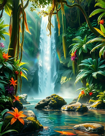A stunning and tranquil view of a jungle waterfall cascading down smooth, moss-covered rocks into a crystal-clear pool below. The scene is surrounded by dense, lush greenery, with towering tropical trees and vibrant, oversized ferns creating a natural canopy that filters sunlight into dappled patterns on the forest floor. Brightly colored flowers in shades of red, orange, and purple add splashes of color among the greenery, while vines and roots wind their way around the rocks and trees. Mist rises from the base of the waterfall, catching the sunlight and creating a soft, ethereal glow, with a faint rainbow visible in the spray. Exotic birds with iridescent feathers can be seen perched on branches, and the faint sound of distant animal calls adds to the sense of a thriving, untouched paradise. The overall atmosphere is serene, magical, and vibrant, capturing the untamed beauty of nature.<lora:SDXLFaeTastic2400:0.4> <lora:extremely_detailed:0.4> extremely detailed, <lora:Jungle_w4t3rf4ll:1>,Jungle w4t3rf4ll, Masterpiece,best quality,hi res,8k,hi res,8k,award winning,(sharp focus, intricate, highly detailed),