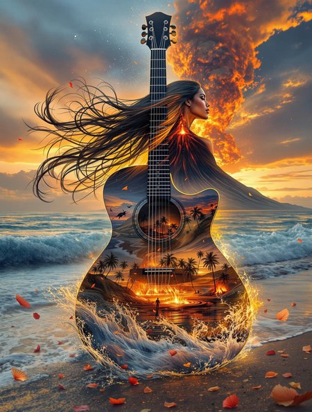 double exposure, hawaiian dancer, long hair, guitar, eruption volcano, surreal beach line, palm-trees, romantic, ultra-sharp, colorful, intricate details, hyper-detailed, chiaroscuro lighting