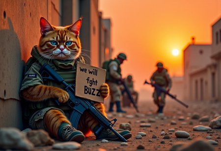 A realistic picture of 4 cat army operator, ((the orange cat sitting against wall  holding a cardboard sign that reads  "we will fight for BUZZ". the other. try fixing a humvee , the other 2 cat prepaing their military gear,))   Overhead shot of the iconic orange Grumpy Cat reimagined as a battle-hardened American special forces in the ruined city in midle east, . Orange Cats dressed in rugged military gearaskew, holds a modern assault rifle  The ruined city  after war around him is dark and foreboding,their silhouettes barely visible through the smoky, war-torn red sky at Sunset. mouth is wide open, clearly shouting, "More BUZZ, we need more BUZZ! "will work " is boldly displayed at the top, with a gritty, distressed font that echoes classic war movie posters. The overall tone of the poster is intense and surreal, combining the seriousness of a Gulf War epic with the humorous, deadpan attitude of Grumpy Cat. <lora:schnell_v1.0:0.8>ArsMJStyle, impressionism
