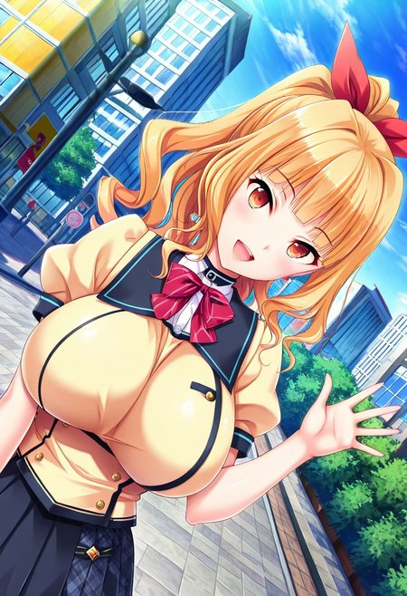 general,highres, ultra-detailed,very aesthetic,best quality ,best hands,best eyes,easynegative,
dynamic anglre, dutch angle, anime cloring,anime screencap,
1girl solo,looking at viewer,city, outdoors, smile, open mouth, waving hand, 
Kyouko Kisaragi,yellow_hair, ponytail, wavy hair, hair ribbon, red ribbon, amber eyes, huge_breasts,blunt bangs,school uniform,