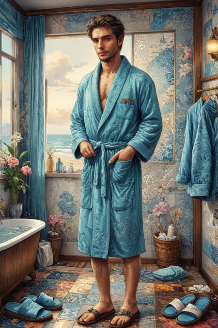 VIP club, everyone in stylish outfits, one person in a bathrobe and slippers, relaxed 
(masterpiece, award winning artwork)
many details, extreme detailed, full of details,
Wide range of colors, high Dynamic
 <lora:xl_more_art-full_v1:0.65> 
 <lora:InkArtXL_1.2:0.8> ink art, line art 
<lora:EldritchMixIllustration_1.0:0.25>
 <lora:xray:0.21>