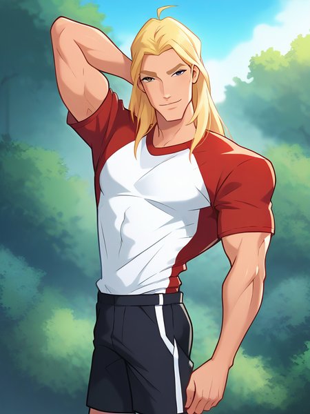 score_9, score_8_up, score_7_up, anime, 1man w1nx_m6le9,  from waist up, t-shirt, shorts, outdoors, long hair, centerpart, blonde hair, arm behind head, smile, 
<lora:Winxm_pxl_0.1:0.9>
<lora:Smooth Anime 2 Style SDXL_LoRA_Pony Diffusion V6 XL:1>