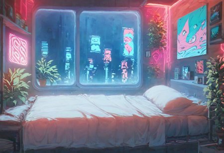 score_9,score_8_up,score_7_up,score_6_up, 
steaming coffee cup on windowsill, plants on the windowsill, wall of plants, monstera plant, large plant, tidy bedrrom, small room, cramped bedroom, teddies on the bed, cyberpunk city view out of the window, neon light, purple neon lights, posters, posters on the wall, anime posters, lewd posters, anime girls on the poster