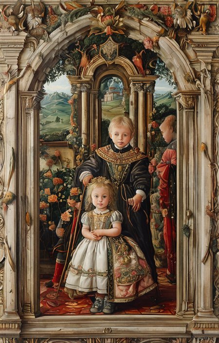 masterpiece,best quality,<lora:tbh167-sdxl:1>,illustration,style of Carlo Crivelli, portrait of family