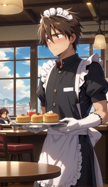 score_9, score_8_up, score_7_up, mature male, looking to the side, cowboy shot, 
<lora:Takashi_Komuro_Dwnsty:1>, takashi_komuro, brown hair, brown eyes, hair between eyes,maid headdress, maid apron, male maid, black dress, white gloves, elbow gloves, white thighhighs, 
embarrassed, blush, holding tray,
indoors, cafe, table, chair, window, cloudy sky,