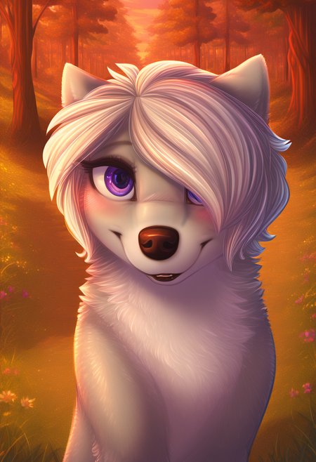 zPDXL, score_9_up, score_8_up,_7_up, score_6_up, score_5_up, score_4_up ,source_furry, best quality, amazing quality, masterpiece, 1girl, looking at viewer, solo, fullbody, cute, blush, cute smile, cute pose, out doors, forest, trees, field, flowers, lilly, wolf girl, silver-gray fur, purple eyes, hair over one eye, wolf tail, wolf ears, <lora:Lilly:0.8>, Expressiveh, good_hands, dimwitdog, <lora:dimwitdog:1>, <lora:Expressive_H:0.8>, <lora:Detail_Slider_v1.4_iteration_3:4>, <lora:pony_good_hands:0.8>