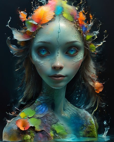 beautiful female anthropomorphic transparent water elemental emerging from a pool of water, colorful organic bioluminescent patterns, hauntingly beautiful, hyperrealistic, ultra resolution, professional photo, Jean-Baptiste Monge Style page carved inside <lora:add-detail-xl:0.8>  <lora:xl_more_art-full_v1:0.5>  <lora:Jean-Baptiste Monge Style:0.6>