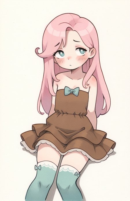 1girl, solo, <lora:qtkat:0.9> qtkat, traditional media, watercolor \(medium\), 
fluttershy \(mlp\), brown dress shirt, white layered skirt, strapless dress, aqua bow legwear thighhighs, orange asics, sitting, slumped shoulders, somber gaze, gentle sadness, muted tone, extremely detailed, highres, masterpiece, best quality