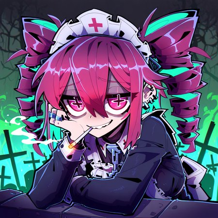 1girl, solo, teto kasane, maid, upper body, multiple ear piercing,multiple earrings, deformed,  big eyes, detailed eyes, smoking, depressed, bags under eyes, twin drills, acid_trip, abstract background, green_theme,   leaning forward, elbow rest, hair hair between eyes, long bangs, chromatic aberration, sad smile, stifled laugh, cross, multiple rings, colored inner hair, long nails, maid headdress, mouth hold,
masterpiece,best quality,absurdres,highly detailed, artist:imazawa, head rest,  teeth,  <lora:vivid:0.6>,  <lora:spo_sdxl_10ep_4k-data_lora_webui:1>, graveyard, simple backgroundred eyes, symbol-shaped pupils,