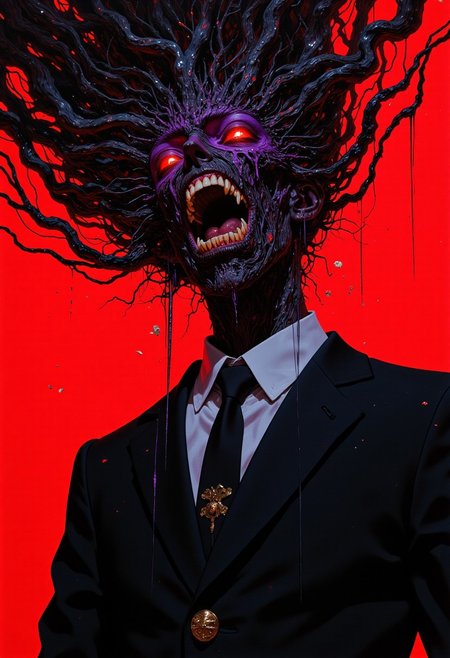 weibo, drawing, illustration retro 90's, black, red, purple, yoji shinkawa, James Jean, Ayami Kojima, A dark, surreal illustration captured from a low-angle, close-up face perspective, emphasizing the terrifying features of a shadowy humanoid figure. Its head is transformed into a chaotic mass of writhing black tendrils and monstrous shapes, with glowing red and purple eyes emerging ominously from the void. The low-angle view accentuates the figure's menacing presence, while the close-up highlights the grotesque details of its wide-open mouth filled with sharp, jagged teeth, dripping with black fluid. The figure wears a formal black school uniform with gleaming gold buttons, creating a stark contrast against the solid, intense red background. This composition blends horror and surrealism, with sharp, anime-inspired details capturing a nightmarish and oppressive atmosphere. featured on pixiv, surreal_horror, closeup_face, low_angle, humanoid_figure, black_tendrils, glowing_eyes, jagged_teeth, dripping_black_fluid, school_uniform, red_background, nightmare_aesthetic, anime_style, ominous_mood, chaotic_detail, menacing_perspective. DB4RZ, DB4RZ style painting, A digital artwork in the style of bladerunner.