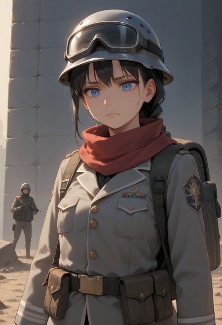 score_9, score_8_up, score_7_up, easynegative, realistic style, symphtia-style, dim lighting, detailed face, 1girl, blue eyes, black hair, (single braid: 1.2), ((small breast)), 
wehr, grey military uniform, grey helmet, goggles on helmet, scarf, backpack, ammunition pouch, (head down:1.2), looking down, black eyebags, tired face, BREAK dark, portrait, from side, hand on helmet, outdoors, ((torn clothes)), Dirty Clothes, Blood on clothes,