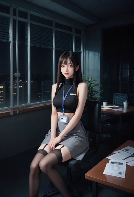,ruanyi0943,blinds,indoors,paper,
,ruanyi0897,black thighhighs,garter straps,turtleneck,id card,lanyard,grey skirt,crop top,black sleeveless sweater,long skirt,chair,sitting,
night,dark,<lora:0943 Untitled_v1_pony:0.9>,<lora:0897 Home wear 3_v1_pony:0.7>, score_9,score_8_up,score_7_up,,8k,1girl,solo,,