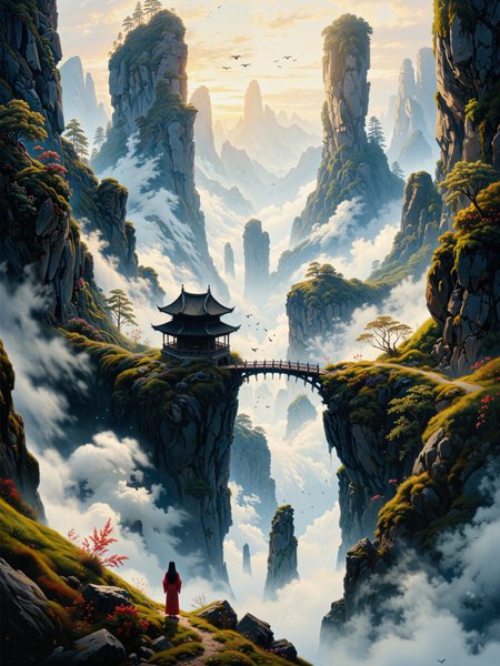 famous artwork, masterful use of light and shadow, masterful composition following the rule of thirds, chiaroscuro, dappled sunlight, at dawn, romanticism oil painting of the floating peaks of zhangjiajie in the style of caspar david friedrich, towering sandstone pillars rising through a sea of mist, their sheer cliffs overgrown with lush green vegetation with small accents of colorful wildflowers, the scene is bathed in a golden morning light, soft rays piercing through the ethereal mist, casting long shadows and highlighting the rugged texture of the stone, delicate wisps of cloud wrap around the formations, further emphasizing their towering grandeur, the atmosphere is serene yet awe-inspiring, evoking a sense of the sublime, a narrow, winding mountain path leads toward a detailed wooden bridge that connects two towering peaks, an ancient and awe-inspiring temple built in traditional chinese style sits atop a pillar in the middle ground, its curved roof and ornate details blending harmoniously with the natural landscape, in the foreground a lone woman in traditional chinese robes stands at the edge of a precipice, gazing into the vast expanse before her, evoking a deep sense of solitude and contemplation, her figure small against the grandeur of nature, the background reveals layers of mist-covered mountains fading into the distance, the farthest peaks dissolving into soft hues of blue and gray, enhancing the sense of vastness and depth, birds with outstretched wings glide through the mist, their silhouettes adding movement and vitality to the composition, the brushwork is masterful, combining delicate detailing in the rocky cliffs and foliage with expressive, sweeping strokes for the clouds and sky, the color palette is rich yet atmospheric, dominated by warm golden hues, cool blues, and deep earthy greens, the interplay of light and shadow is skillfully rendered, enhancing the dramatic, almost dreamlike quality of the painting, painted with oil on canvas using a luminous glaze technique, subtle impasto adding texture to the rocky formations, soft diffused edges in the mist creating an ethereal quality, a tribute to the romantic eraâs celebration of untamed nature and human insignificance in the face of its majesty, capturing the spirit of wanderlust and the sublime, an exquisite and timeless masterpiece, style of rembrandt, <lora:style-caspar_david_friedrich-flux-by_tiberiana:0.84> <lora:style-fantastic_landscapes-flux-by_artifyai:0.24> <lora:style-rembrandt-flux-by_tangbohu:0.48> <lora:image_enhancer-flux-by_dever:0.8>