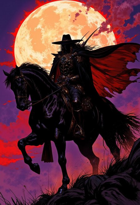 weibo, drawing, illustration retro 90's, Yoshitaka Amano, Ayami Kojima, chromatic aberration, detail, high contrast, cinematic view, volumetric lighting, perspective, vampire_hunter, gothic_fantasy, full_moon_background, long_black_hair, golden_details, purple_twilight, red_sky, dramatic_lighting, eerie_atmosphere, fantasy_art, dark_romantic, horseback, misty_night, eerie_moonlight, dramatic_silhouette, gritty_texture, melancholic_mood, thick_linework, surreal,cinematic, intense_detail,photorealistic,(sharp focus:1.3). A stylized character with a striking appearance. a close-up of a dramatic and dark illustration of a mysterious vampire hunter on horseback, silhouetted against a large, glowing full moon. The hunter wears a wide-brimmed hat, enhancing their enigmatic presence. Their long cloak flows behind them, blending into the shadows, while they hold a crossbow confidently in one hand. The horse is equally shadowed, its muscular form and powerful stance adding to the intense atmosphere. The lighting is eerie and moonlit, creating a high-contrast effect that highlights the hunter’s silhouette against the misty, cloudy night sky. The overall scene has a gothic, dark fantasy style, evoking a sense of danger and solitude, supernatural threats in the night. The image is highly detailed, with a focus on the textures of his suit, the sharpness and the way his interacts with the.
DB4RZ, DB4RZ style painting