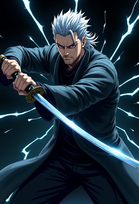 masterpiece, illustration,fantasy, best quality,concept art. A man with slicked-back gray hair holding a katana with one hand, a man wearing a long black coat. Close-up of a man attacking with a sword, cutting through the darkness. a masterpiece, a cinematic frame, a flash of blue energy in the form of linear rays, a minimalistic black background in the form of broken glass. cinematic lighting, a face illuminated by flashes of light, masculine facial features expressing strength and a sparkle in the eyes.Gloomy deep tones,style painting,  <lora:MJanime_Flux_LoRa:0.6>, Anime style, <lora:FluxMythP0rtr4itStyle:0.7>, mythp0rt,<lora:lora:0.8>, dmc5vergil, black coat, fingerless gloves, pants,