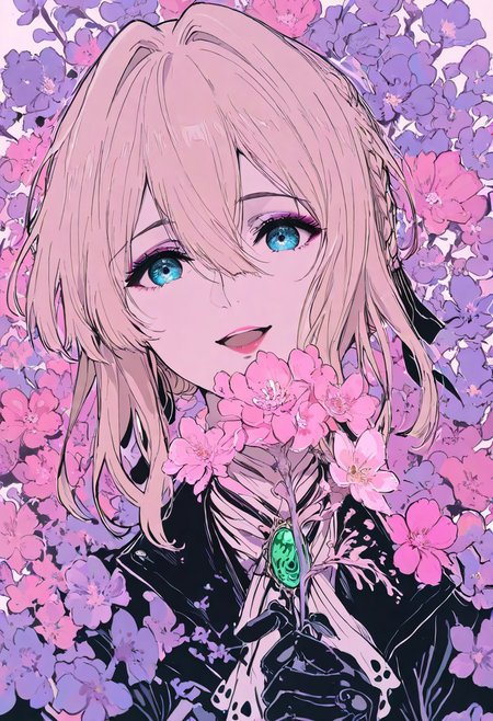 masterpiece, best quality, good quality, very awa, newest, highres, absurdres, violet evergarden, 1girl, solo, looking at viewer, smile, open mouth, curly hair, holding, flower, makeup, portrait, gem, pink flower, close-up, holding flower,limited palette,