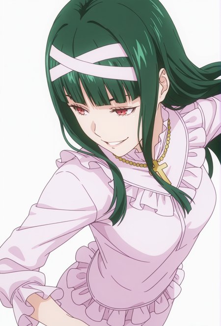 Smooth Quality,masterpiece,very intricate, high quality details, ultra realistic, high detailed skin,detailed enviorement,absurdres,
simple background, white background,solo,
from above,dancing, 
evil grin,
 <lora:FoodWCNN:0.8> foodwarstylecnn,
 annecnn, 1girl, green hair, red eyes, long hair, blunt bangs, cross necklace, frills, shirt, white ribbon