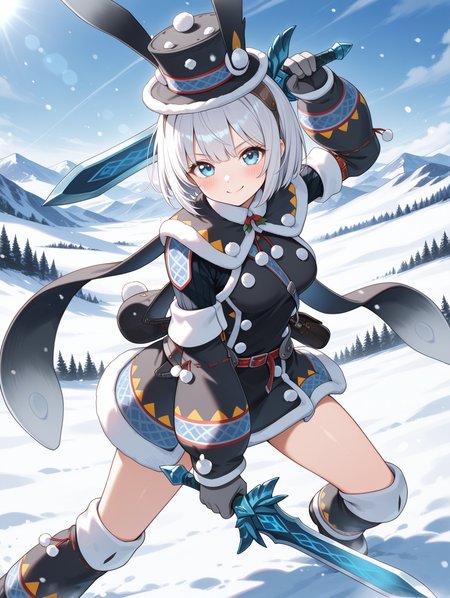 snow,mountain,snowbaron lagombi armor,1girl,solo,short hair,blue eyes,smile,sword,holding sword,dual wielding,looking at viewer,blush,black fur-trimmed top hat,black fur-trimmed capelet,black fur-trimmed coat,black fur-trimmed gloves,black fur-trimmed boots,black bag,black fur-trimmed short,
masterpiece,best quality,amazing quality,very aesthetic,absurdres,newest,<lora:Snowbaron Lagombi Armor illuXL v1:0.75>,