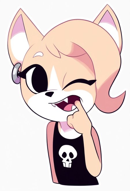 score_9, score_8_up, score_7_up, score_6_up, masterpiece, best quality, telegramstickerxl, cute, 2d, vector art, cartoon, (white outline:1.2), drop shadow, sticker, upper body, (chibi:0.4), 
BREAK
Maddy, 1girl, solo, animal ears, furry female, animal nose, body fur, two-tone fur, earrings, white fur, black eyes, flat chest, jewelry, blonde hair, hoop earrings, short hair, long eyelashes, (chest fluff:0.8), fangs, glossy eyes, 
BREAK
fashionable, black shirt with skull print, funny skull,
BREAK
action, mouth pull, finger in own mouth, head tilt, blush, tongue out, evil smile, parted lips, one eye closed, looking at the viewer, focus on face, dynamic pose, 4k, 8k, Ultra HD, masterpiece, simple background.
