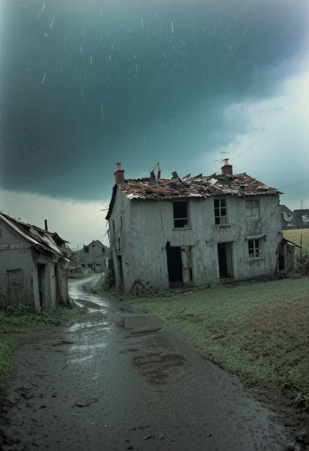 easynegative, Radiant Darkness, soaked_brand_pfeffi_KB, old photo, film grain, grey, BREAK, village, decrepit houses, loneliness, wind, storm