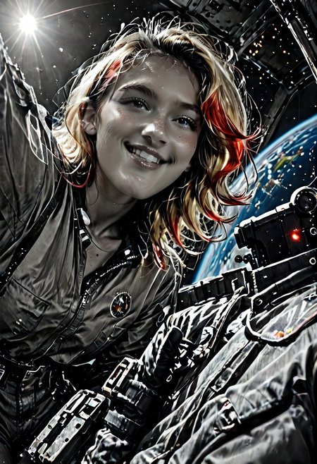 Score_9, score_8_up, Score_7_up, Realistic, cinematic shot, selective color, monochrome background, 4k, Gadget,(fighting aliens, non-humanoid aliens, aggressive alien lifeforms, alien planet), blonde, grayscale with red highlights, full body shot, t-shirt, cargo pants, working boots, partial nudity, 18yo, running, shooting a blaster, explosions, Gadget, smile, perfect face, stunning, breathtaking face, detailed face, perfect teeth, expressive eyes, eyes focus, extremely cute, medium boobs, easynegative, ALRGFC, alluring face, sexy, hetero, Stable_Yogis_PDXL_Positives, CyberRealisticPony_POSV1