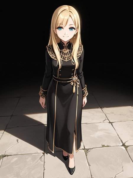 1girl, black cloth, smile, top view, looking to viewer, full body, focus full body, masterpiece, best quality, very aesthetic