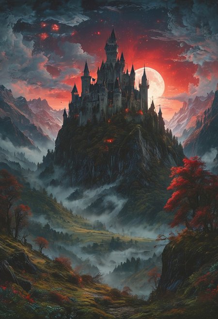 A captivating night scene illustration featuring a forboding and haunted castle on a great  great mountain. The castle and mountain are much like Neuschwanstein Castle in Bavaria.  This enchanting artwork captures a dark and ominous night, where an ominous red bloodmoon hangs above  over the  tree covered mountain range and castle which   stands resolute amidst the great mountains, creating a cinematic experience., illustration, cinematic
<lora:DonM3t3rn1tyXL-v1.1:0.7>, DonM3t3rn1tyXL,
OverallDetailXL  <lora:MJ52:0.3>  <lora:SDXLFaeTastic2400:0.4>  <lora:EpicF4nta5yXL:0.7>