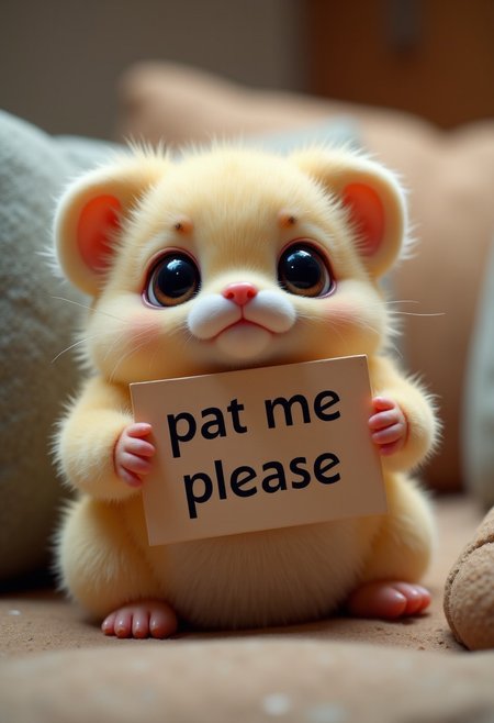 a cute little fluximal sitting on a couch watching to the viewer with sad big eyes holding up a sign with the words:"pat me please" best quality, amazing details,