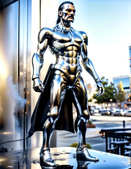 Action Films lemmy as an full metal android with chrome skin,in san francisco, polished metal, cable, raining, explosion, smoke, fire, mechanical arm, electronic leg, hyperrealistic,,, Action Films, often for intense sequences, heroic characters, or adrenaline-fueled excitement.